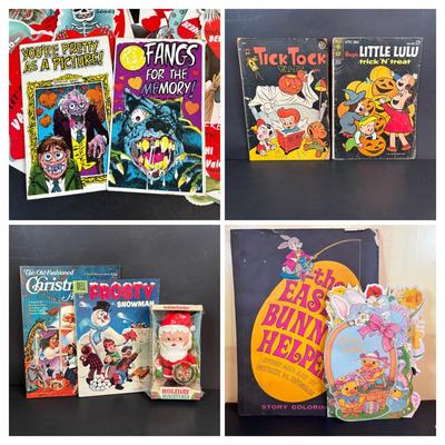 LOT 100: Fun Collection of Holiday Decorations or Paper Crafting: Vintage Valentines Cards, Insult Postcards, Halloween Comics, Giant...