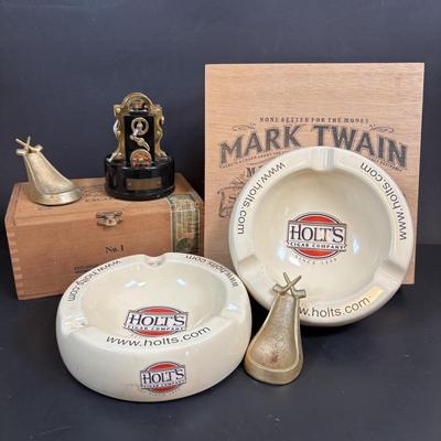 LOT 101: Vintage Edison Stock Exchange Ticker Tape Lighter w/Glass Dome, Holts Cigar Company Ashtrays, Pipe Holders & More