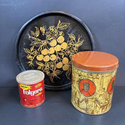 LOT 105: Vintage Kitchen: Mrs. Butterworth Syrup Bottle, Kitchen Prayer Plate, Tins, Atlas Canning Jar & Ceramic Bear Honey Pot