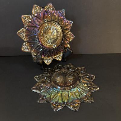 LOT 106: Vintage Glass Black Amethyst Plates, Two-Tier Amber Glass Serving Platter/Bowl & Iridescent Carnival Glass Plates (2)