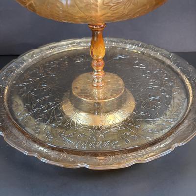 LOT 106: Vintage Glass Black Amethyst Plates, Two-Tier Amber Glass Serving Platter/Bowl & Iridescent Carnival Glass Plates (2)