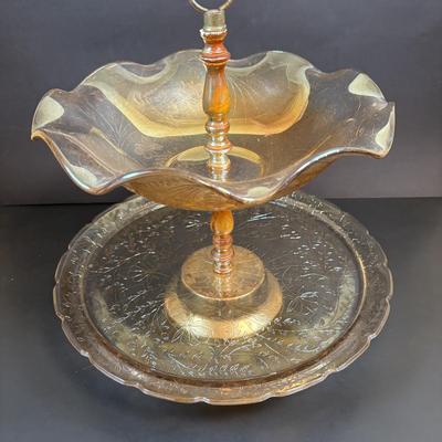LOT 106: Vintage Glass Black Amethyst Plates, Two-Tier Amber Glass Serving Platter/Bowl & Iridescent Carnival Glass Plates (2)