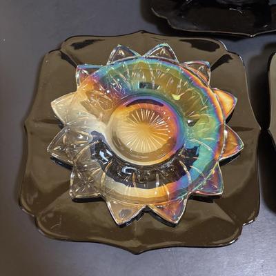 LOT 106: Vintage Glass Black Amethyst Plates, Two-Tier Amber Glass Serving Platter/Bowl & Iridescent Carnival Glass Plates (2)