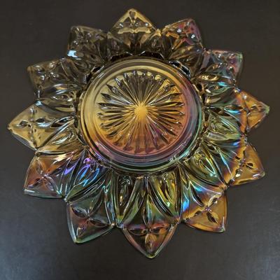 LOT 106: Vintage Glass Black Amethyst Plates, Two-Tier Amber Glass Serving Platter/Bowl & Iridescent Carnival Glass Plates (2)