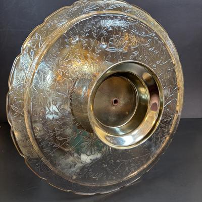 LOT 106: Vintage Glass Black Amethyst Plates, Two-Tier Amber Glass Serving Platter/Bowl & Iridescent Carnival Glass Plates (2)