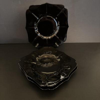 LOT 106: Vintage Glass Black Amethyst Plates, Two-Tier Amber Glass Serving Platter/Bowl & Iridescent Carnival Glass Plates (2)