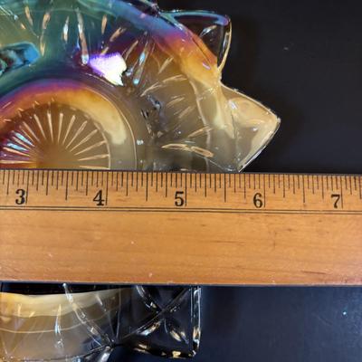 LOT 106: Vintage Glass Black Amethyst Plates, Two-Tier Amber Glass Serving Platter/Bowl & Iridescent Carnival Glass Plates (2)