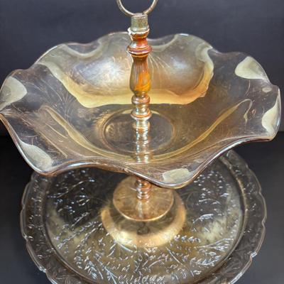 LOT 106: Vintage Glass Black Amethyst Plates, Two-Tier Amber Glass Serving Platter/Bowl & Iridescent Carnival Glass Plates (2)