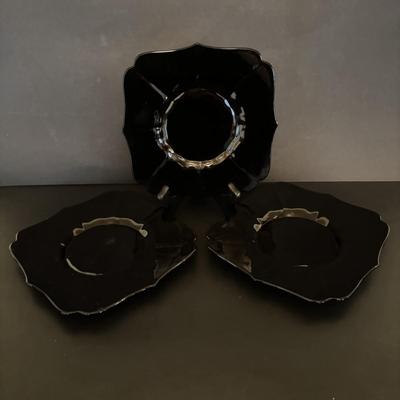 LOT 106: Vintage Glass Black Amethyst Plates, Two-Tier Amber Glass Serving Platter/Bowl & Iridescent Carnival Glass Plates (2)