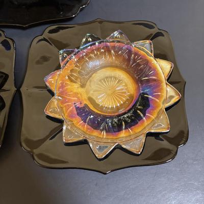 LOT 106: Vintage Glass Black Amethyst Plates, Two-Tier Amber Glass Serving Platter/Bowl & Iridescent Carnival Glass Plates (2)