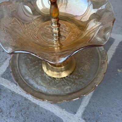 LOT 106: Vintage Glass Black Amethyst Plates, Two-Tier Amber Glass Serving Platter/Bowl & Iridescent Carnival Glass Plates (2)