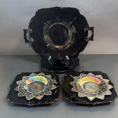 LOT 106: Vintage Glass Black Amethyst Plates, Two-Tier Amber Glass Serving Platter/Bowl & Iridescent Carnival Glass Plates (2)