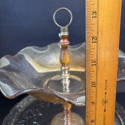 LOT 106: Vintage Glass Black Amethyst Plates, Two-Tier Amber Glass Serving Platter/Bowl & Iridescent Carnival Glass Plates (2)