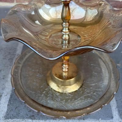 LOT 106: Vintage Glass Black Amethyst Plates, Two-Tier Amber Glass Serving Platter/Bowl & Iridescent Carnival Glass Plates (2)