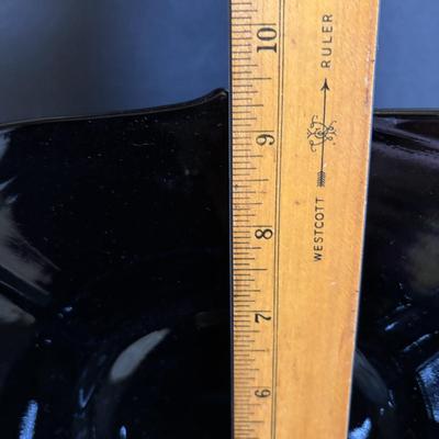 LOT 106: Vintage Glass Black Amethyst Plates, Two-Tier Amber Glass Serving Platter/Bowl & Iridescent Carnival Glass Plates (2)