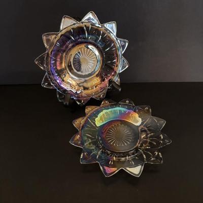 LOT 106: Vintage Glass Black Amethyst Plates, Two-Tier Amber Glass Serving Platter/Bowl & Iridescent Carnival Glass Plates (2)