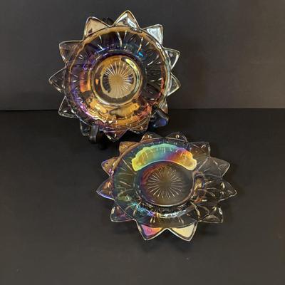 LOT 106: Vintage Glass Black Amethyst Plates, Two-Tier Amber Glass Serving Platter/Bowl & Iridescent Carnival Glass Plates (2)