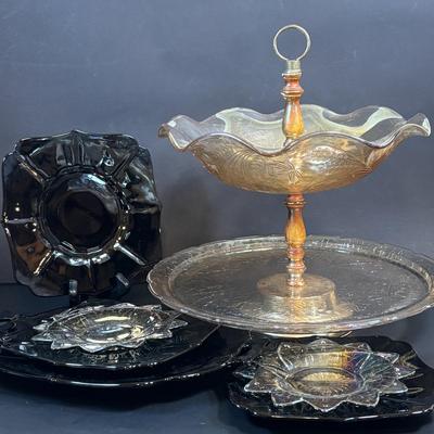 LOT 106: Vintage Glass Black Amethyst Plates, Two-Tier Amber Glass Serving Platter/Bowl & Iridescent Carnival Glass Plates (2)