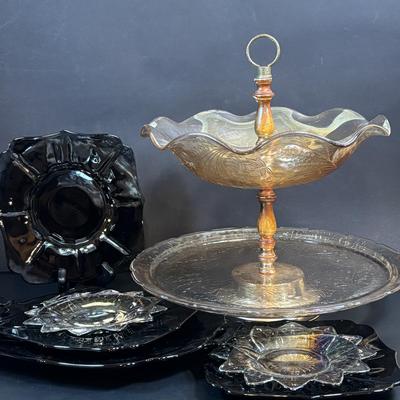 LOT 106: Vintage Glass Black Amethyst Plates, Two-Tier Amber Glass Serving Platter/Bowl & Iridescent Carnival Glass Plates (2)