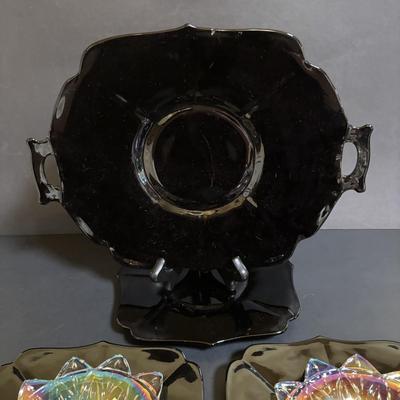 LOT 106: Vintage Glass Black Amethyst Plates, Two-Tier Amber Glass Serving Platter/Bowl & Iridescent Carnival Glass Plates (2)