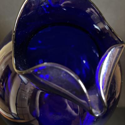 LOT 107: Beautiful Cobalt Blue Tilt-Ball Pitcher w/Clear Handle & 1 Tumbler, Blue Stemmed Wine Glasses,