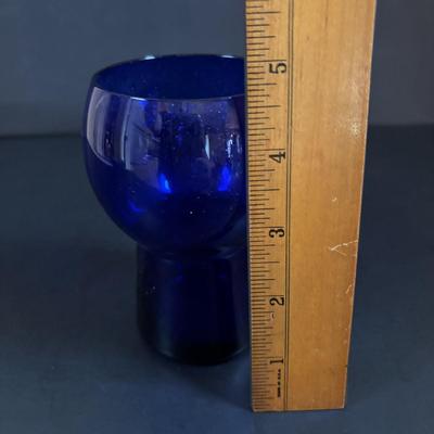 LOT 107: Beautiful Cobalt Blue Tilt-Ball Pitcher w/Clear Handle & 1 Tumbler, Blue Stemmed Wine Glasses,