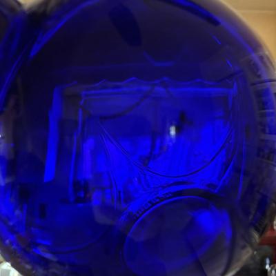 LOT 107: Beautiful Cobalt Blue Tilt-Ball Pitcher w/Clear Handle & 1 Tumbler, Blue Stemmed Wine Glasses,