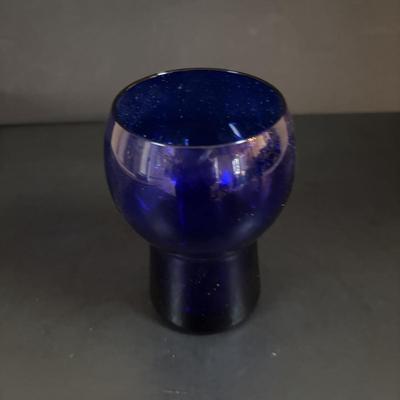 LOT 107: Beautiful Cobalt Blue Tilt-Ball Pitcher w/Clear Handle & 1 Tumbler, Blue Stemmed Wine Glasses,
