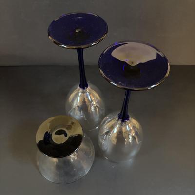 LOT 107: Beautiful Cobalt Blue Tilt-Ball Pitcher w/Clear Handle & 1 Tumbler, Blue Stemmed Wine Glasses,