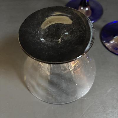 LOT 107: Beautiful Cobalt Blue Tilt-Ball Pitcher w/Clear Handle & 1 Tumbler, Blue Stemmed Wine Glasses,