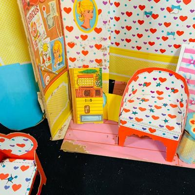 LOT 245: Vintage Mattel’s Skippers Dream Room Paper Doll House with Accessories From 1964