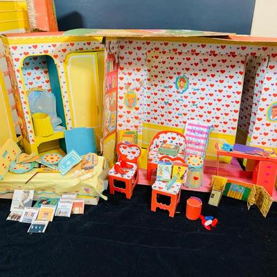 LOT 245: Vintage Mattel’s Skippers Dream Room Paper Doll House with Accessories From 1964