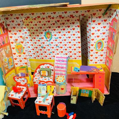 LOT 245: Vintage Mattel’s Skippers Dream Room Paper Doll House with Accessories From 1964