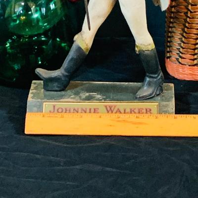 LOT 247: For the Bar Collection Featuring an Antique/Vintage Johnnie Walker Scotch Wooden Walking Man Display Figurine and Two (2) Decanters