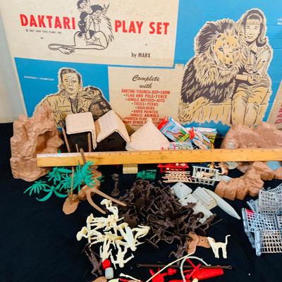 LOT 248: Vintage Daktari Jungle Play Set Based on the 1967 TV Show by Marx Includes Animals, Toy Soldiers, Trees Hut Fence and Much More