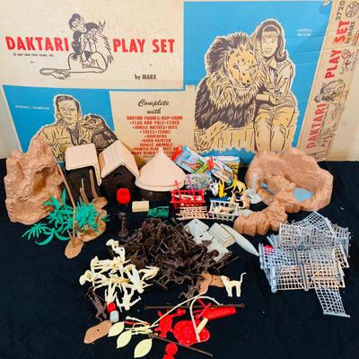LOT 248: Vintage Daktari Jungle Play Set Based on the 1967 TV Show by Marx Includes Animals, Toy Soldiers, Trees Hut Fence and Much More