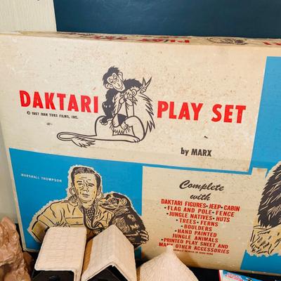 LOT 248: Vintage Daktari Jungle Play Set Based on the 1967 TV Show by Marx Includes Animals, Toy Soldiers, Trees Hut Fence and Much More