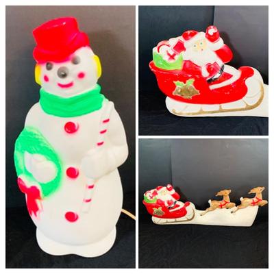 LOT251: Vintage Christmas Holiday Plastic Blow. Mold Lighted Decorations - Santa’s Sleigh by Union Products and Snowma by Empire 1966