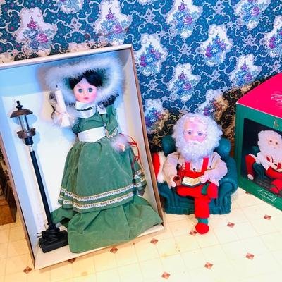 LOT255: Animatronic Santa and Victorian Dressed Holiday Doll with Lamp Post