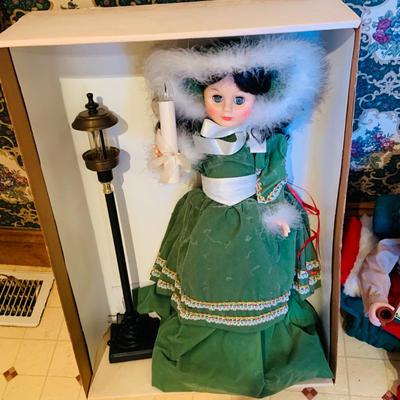 LOT255: Animatronic Santa and Victorian Dressed Holiday Doll with Lamp Post