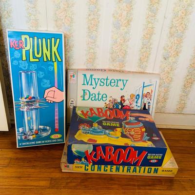 LOT 258: Lot of Vintage Classic Children’s Games - Ker Plunk and Kaboom by Ideal and Mystery Date and Concentration by Milton Bradley