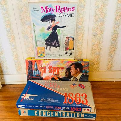 LOT 259: Collection of Vintage Children’s Board Games - Mary Poppins by Whitman, I Spy by Ideal Civil War Game by Parker Brothers,...