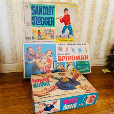 LOT 260: Vintage Children’s Games Including Sandlot Slugger by Milton Bradley, Spiroman by Kenner and Hands Down by Ideal