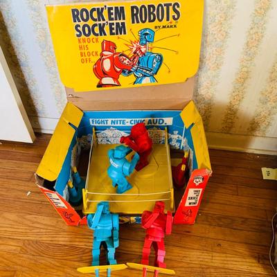 LOT 262: Vintage Rock’Em Sock’Em Robots by Marx with Original Box and Extra Set of Robots
