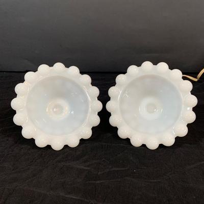 LOT 265: Set of Two (2) Hobnail Milk Glass Electric Lambs, Milk Glass Candle Stick Holders, and a Brody Milk Glass Vase