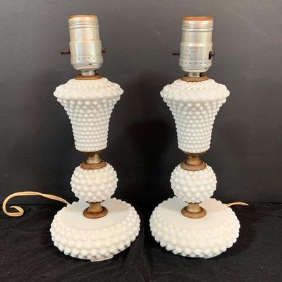 LOT 265: Set of Two (2) Hobnail Milk Glass Electric Lambs, Milk Glass Candle Stick Holders, and a Brody Milk Glass Vase
