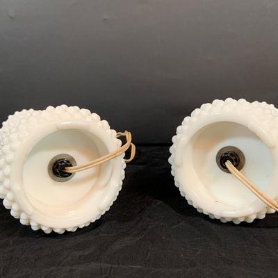 LOT 265: Set of Two (2) Hobnail Milk Glass Electric Lambs, Milk Glass Candle Stick Holders, and a Brody Milk Glass Vase