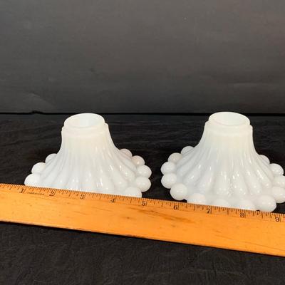 LOT 265: Set of Two (2) Hobnail Milk Glass Electric Lambs, Milk Glass Candle Stick Holders, and a Brody Milk Glass Vase
