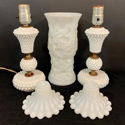 LOT 265: Set of Two (2) Hobnail Milk Glass Electric Lambs, Milk Glass Candle Stick Holders, and a Brody Milk Glass Vase