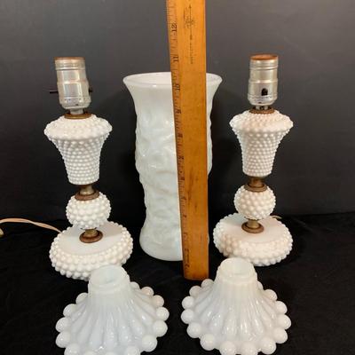 LOT 265: Set of Two (2) Hobnail Milk Glass Electric Lambs, Milk Glass Candle Stick Holders, and a Brody Milk Glass Vase